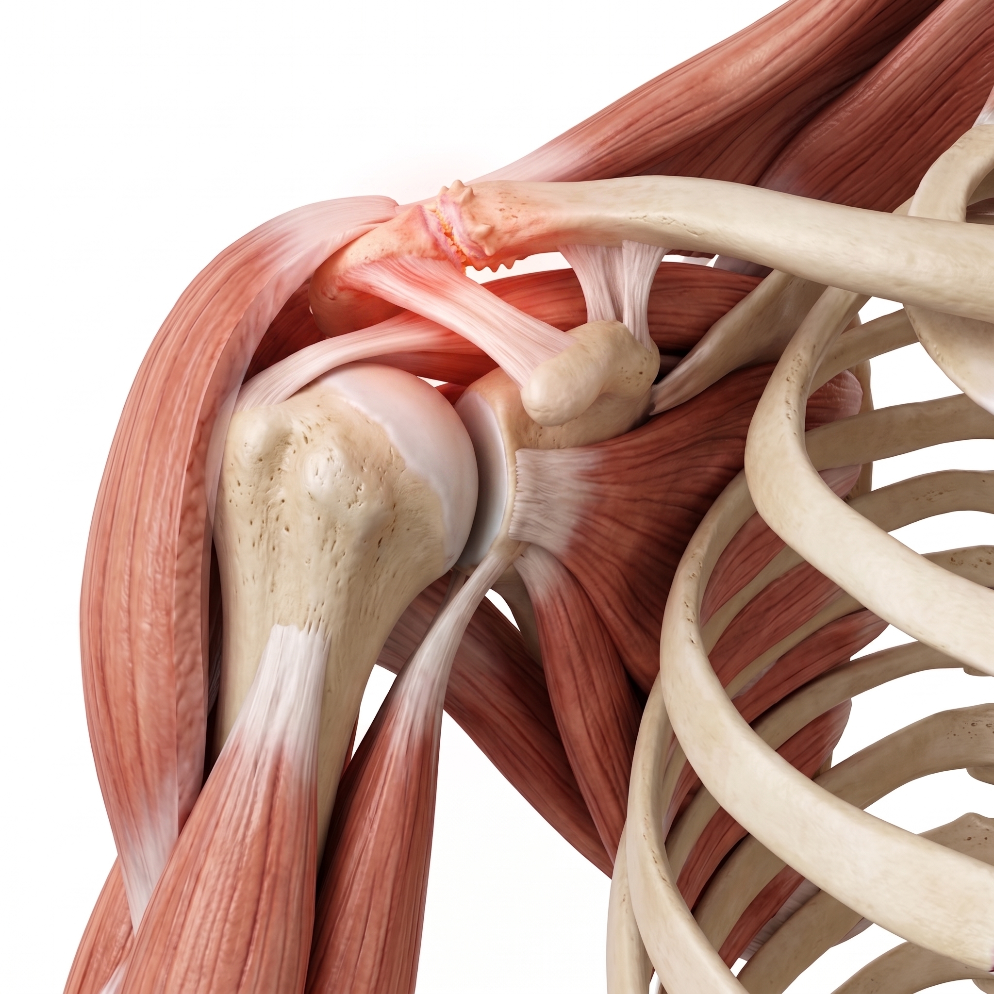 Ilustração anatômica destacando a articulação acrômio-clavicular no topo do ombro